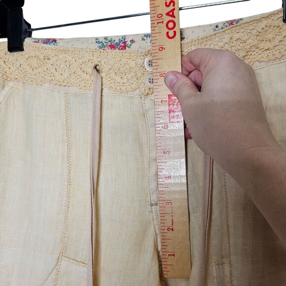 Anthropologie Hei Hei Linen-Blend Wide-Leg Pants Yellow Floral Accents 27 Lace - Picture 9 of 10